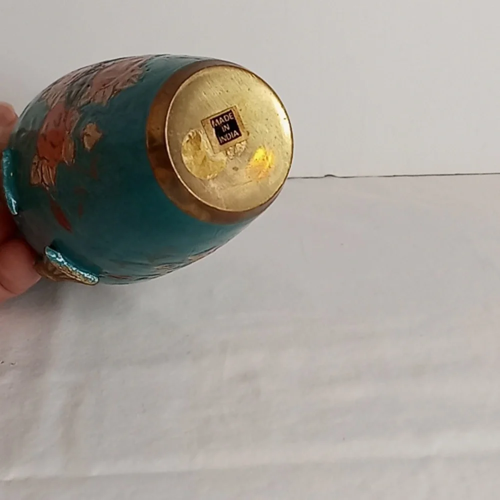 MCM Vintage Hand Painted Floral Brass Vase